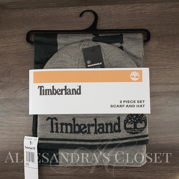 Timberland Hat Beanie & Scarf Light Grey Heather/Charcoal Reversible Jacquard - Picture 2 of 4